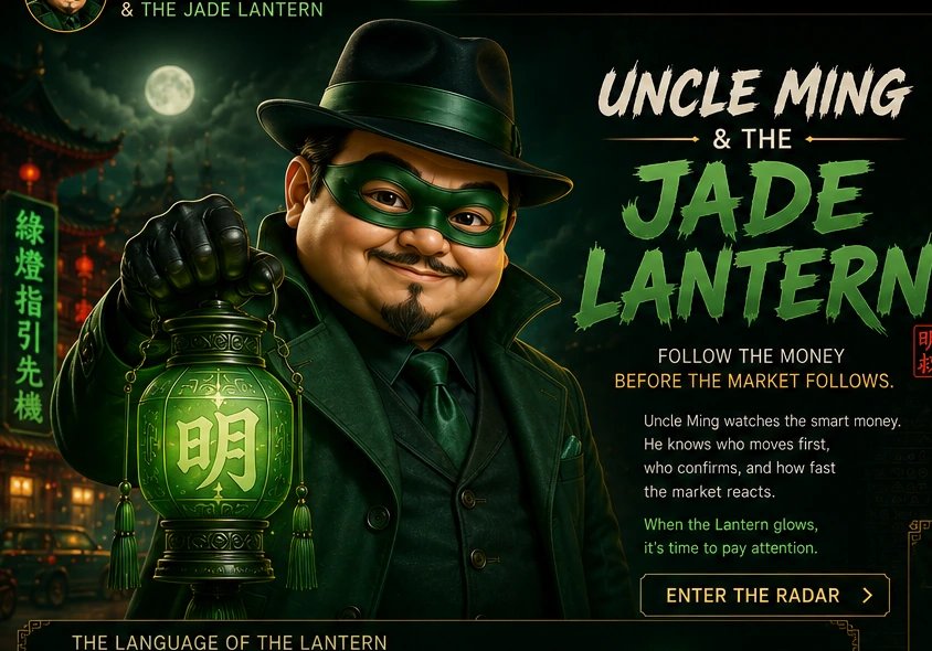 Uncle Ming dressed as a jade-green masked vigilante holding the Jade Lantern